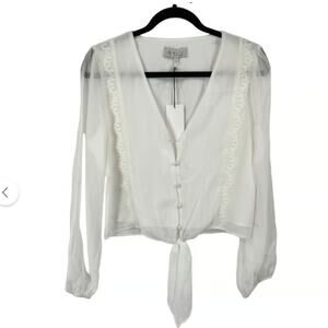 Wayf Womens size Small top ivory lace trim knotted long sleeve blouse xS DEFECT